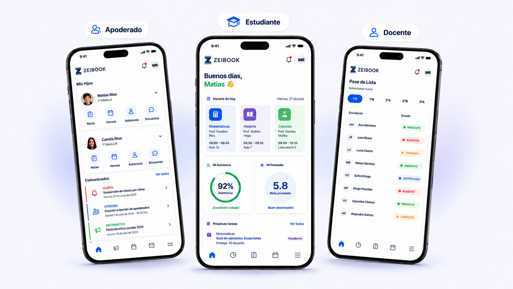Capturas de la app Zeibook para apoderados, estudiantes y docentes