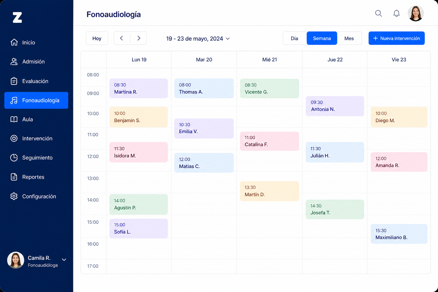 Escritorio de fonoaudiología en ZeiBook: agenda semanal con intervenciones