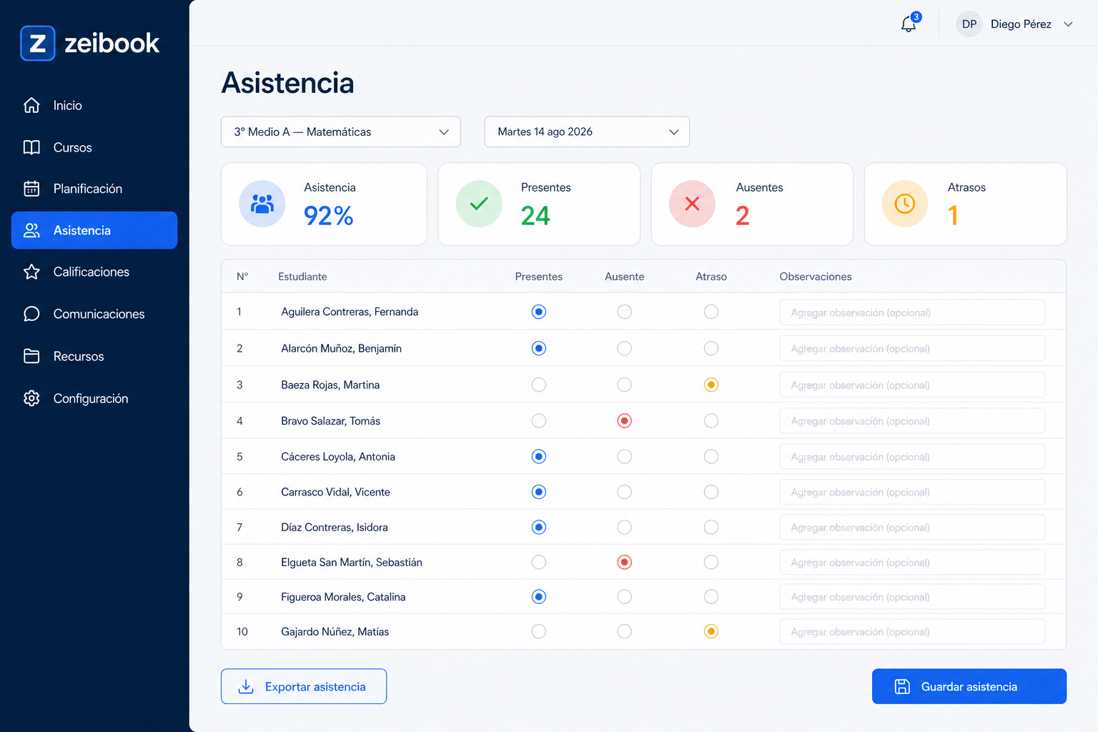 Registro de asistencia en Zeibook